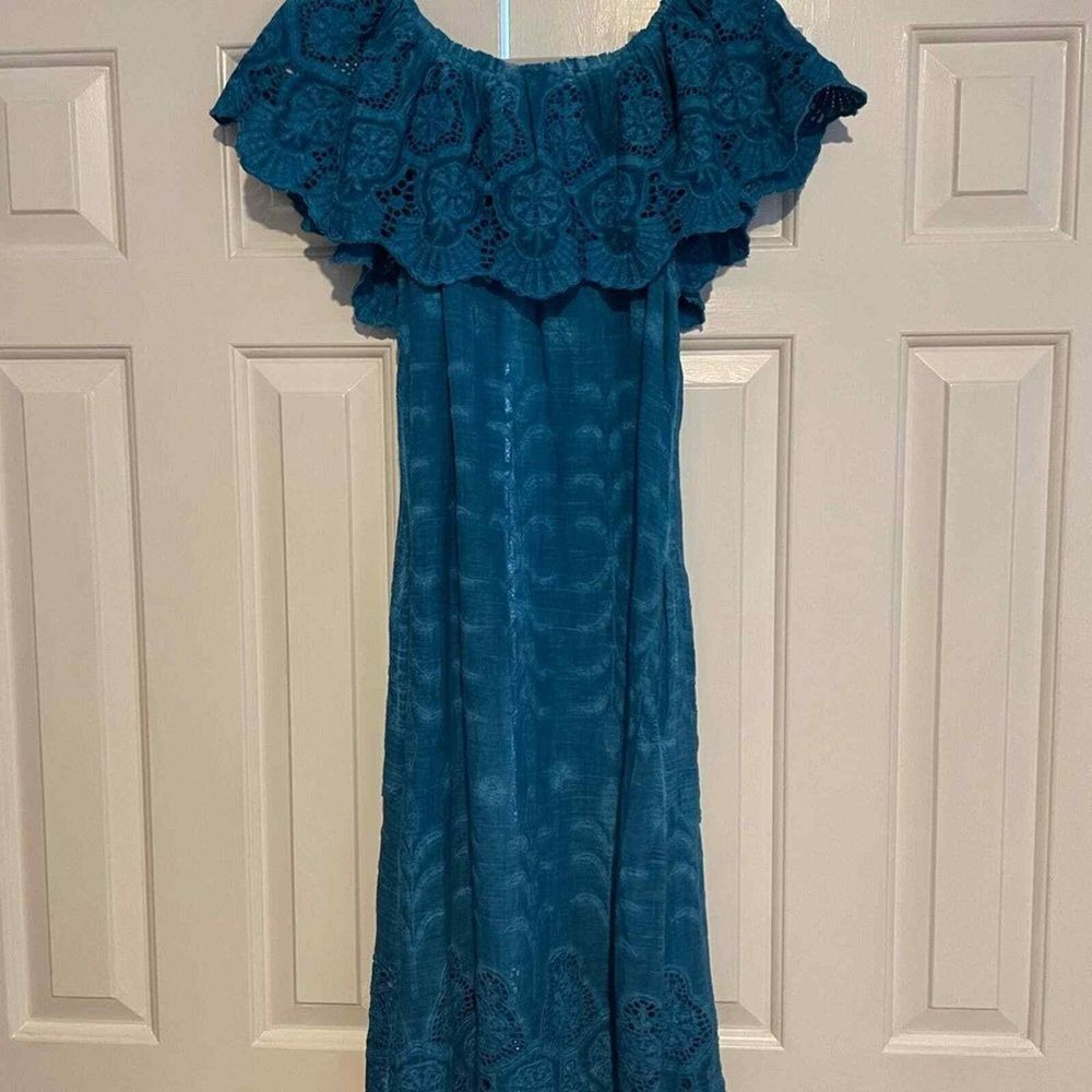 Turquoise Off-Shoulder Eyelet Lace Summer Dress with Ruffle Detail Midi Length - Picture 5 of 7